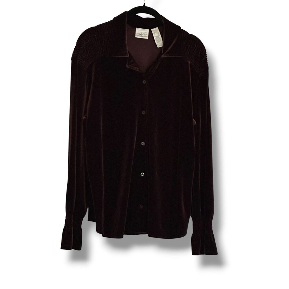 Villager Liz Claiborne Velvet Long Sleeve Button Up Blouse XLP Dark Plum 90’s